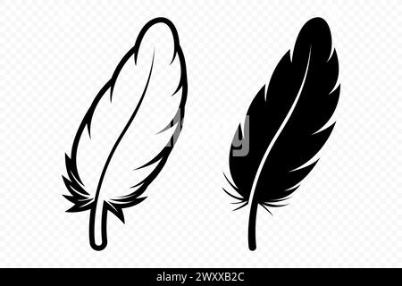 Vector Schwarz und weiß Logosymbole mit flauschigen Federn. Silhouette Feather Set Closeup Isoliert. Designvorlage für Flamingo, Engel, Vogelfeder. Leichtigkeit Stock Vektor