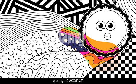 Zentangle Psychedelic Malpage für Erwachsene. Sonne mit Schachbrettern und verschiedenen Formen. Stock Vektor