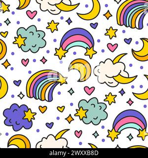 Niedliches Cartoon Regenbogenwolken und nahtloses Mondmuster. Sternenhimmel Mit Regenbogenhimmel. Kindergeburtstag Und Babydusche Vektor-Hintergrund Stock Vektor