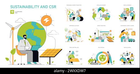 Nachhaltigkeit und CSR setzen ethische Geschäftsstrategien für umweltfreundliches Wachstum saubere Energie, Kreislaufwirtschaft und Corporate Responsibility. Vektor-Illustration Stock Vektor