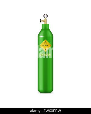 Realistische Sauerstoffgasflasche, komprimierter Gasballon. Isolierter, grüner Vektorbehälter mit Druckventil und Manometer, unverzichtbar für Beatmungsanwendungen, medizinische und industrielle Anwendungen. Stock Vektor