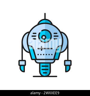 Roboter Farblinie Symbol, Cartoon Roboter Droiden Charakter oder android Bot auf Rad, Vektorumriss. Retro-Cyborg-Roboter mit mechanischen Armen, Robotermaschine oder Space Alien und Cyber-android-Roboter Stock Vektor