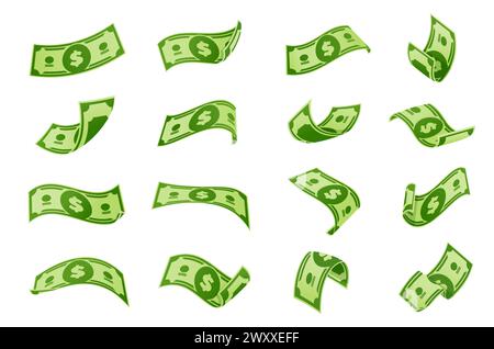 Fliegende Cartoon-Banknoten, Dollar-Bargeld-Scheine, fallende und wirbelnde grüne Banknoten in usd-Währung. Vektorgeld Regen und Banknotendusche, Geschäftserfolg, Lotterie und Casino-Spiel-Preis-Konzept Stock Vektor