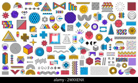 Abstrakte geometrische memphis-Formen und moderne Musterelemente Vektorset. Bunte Figuren, lineare Details, Punkte, Kreise und Würfel, Dreiecke und Wellen, Pfeile oder Halbrunde mit trendigen Ornamenten Stock Vektor
