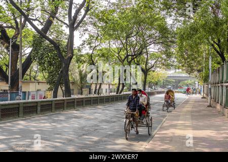 2. April 2024, Chittagong, Chattogram, Bangladesch: Bäume auf der schönen Straße vom Tigerpass nach Kadmatoli wurden für den Fall markiert. Die Entwicklungsbehörde Chittagong erklärte, dass diese Bäume vor dem Bau der Hauptinfrastruktur der Rampe nach dem Bodenversuch abgeschnitten werden. Anfang 2021 wurde eine Initiative zum Bau eines Krankenhauses in CRB ergriffen, einem Ort umgeben von natürlicher Schönheit und Grün. Aber die Zivilgesellschaft hat dagegen protestiert. Angesichts der Proteste der Zivilgesellschaft wurde das Krankenhaus nicht eröffnet. (Kreditbild: © Md. Zakir Hossain/Pacific Press über ZUMA Press Wi Stockfoto