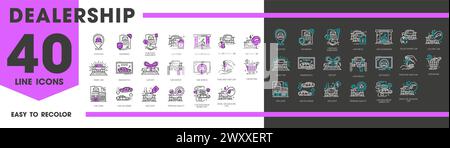 Positionssymbole für Händlerbetrieb, Ausstellungsraum und Versicherung, Diagnose und Service, Leihvektorsymbole und Suchvektorsymbole. Symbole für die mobile App von Autohändlern und Autohändlern für die Suche und den Kauf, Kauf oder Miete von Fahrzeugen Stock Vektor