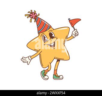 Retro-Cartoon-groovige Weihnachtsstar-Figur. Isolierte Vektorgelb funky funky funky funky Persönlichkeit in festlicher Partyhut, energetisch schwenkende lebendige Flagge, feiert Geburtstag. Neujahr- oder Jubiläumsveranstaltung Stock Vektor