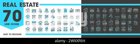 Immobilienlinien-Symbole, Hypotheken- und Miet- oder Wohnungsversicherung, Vektor-Piktogramm. Immobilien-Ikonen von Wohneigentum-Annehmlichkeiten, Haus s Stock Vektor