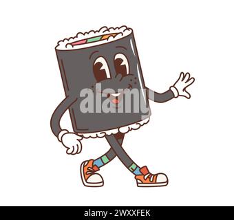 Cartoon japanische Rolle groovige Figur. Isolierter Vektor lebendige, entzückende asiatische, japanische Essensfigur mit großen, ausdrucksstarken Augen und einem fröhlichen Lächeln, ra Stock Vektor