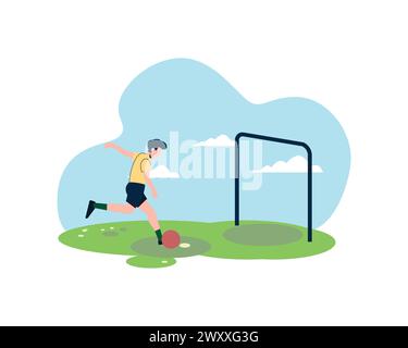 Fußballspieler, der den Ball zum Tor tritt. Einfaches flaches Design für aktive Menschen im Sport und gesundes Lebenskonzept. Stock Vektor
