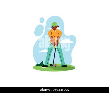 Golfer spielt Golf Vektor Illustration. Cartoon isolierter Mann mit Hut mit Schläger, der auf dem Feld Ball zum Loch schlägt, Aktion des Spielercharakters in Kappe Stock Vektor