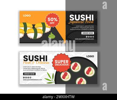 Sushi Japanisches Essen Horizontales Banner Flat Cartoon Hand Gezeichnete Vorlagen Hintergrund Illustration Stock Vektor
