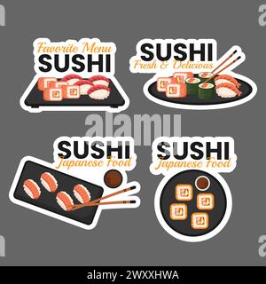 Sushi Japanisches Lebensmitteletikett Flat Cartoon Handgezeichnete Vorlagen Hintergrund Illustration Stock Vektor