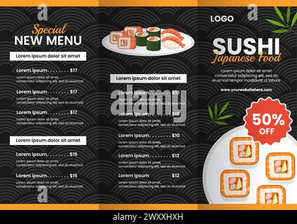 Sushi Japanische Lebensmittelbroschüre Flat Cartoon Hand Gezeichnete Vorlagen Hintergrund Illustration Stock Vektor
