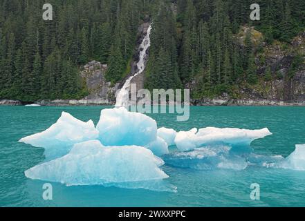 Kleine Eisberge vor dem Wasserfall, grünes Wasser, Tracy Arm Fiord, Tongass Nationalpark, Juneau, Alaska, USA Stockfoto