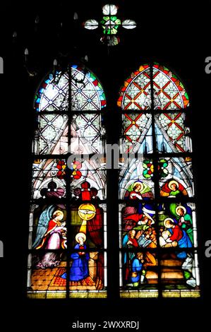 Die katholische Kirche St. Stephan (Eglise Saint-Etienne) auf dem Place de la Reunion, Mulhouse, Mulhouse, detaillierte Buntglasfenster mit Darstellung Stockfoto