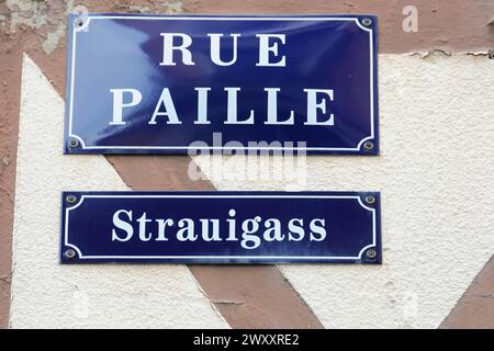 Zweisprachige Straßenschilder auf Französisch und Deutsch an einer Mauer, Mulhouse, Elsass, Frankreich Stockfoto