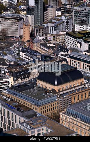 Blick von der Aussichtsplattform des Maintower auf die Börse, Eschenheimer Turm, Frankfurt am Main, Hessen, Deutschland Stockfoto