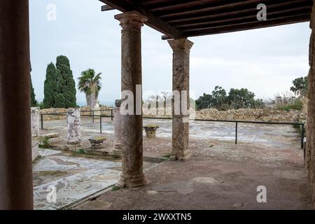 Blick auf die Thermen von Antoninus oder die Thermen von Karthago in Karthago, Tunesien, die größte Gruppe römischer Thermen auf dem afrikanischen Kontinent Stockfoto