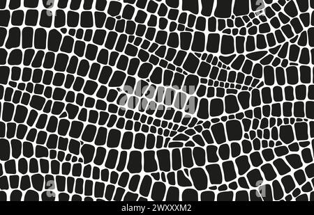 Tierhautmuster. Dinosaurier-, Krokodil- und Schlangenreptilienleder-Hintergrund. Vektor-monochrome nahtlose Alligator-Tarntextur von schwarzen Skalen mit unregelmäßigen Formen, die kleinen Fliesen ähneln Stock Vektor