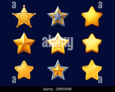 Goldene Sterne, Zeichentricksymbole, die den Erfolg, die Leistung oder den Level-Up-Fortschritt des Spielers, Fähigkeiten, Auszeichnungen oder den Abschluss des Spiels anführen, was das Spielerlebnis verbessert. Vektorsatz von goldenen gui-Sternen Stock Vektor