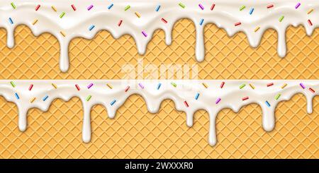 Realistischer Eisschmelz-Tropf mit Süßigkeiten auf Waffelhintergrund. 3D Vektor geschmolzener Sirup Textur mit Tropfen auf Waffelkegel. Weiße, süße Flüssigkeitsspritzer, glänzender Rand mit tropfenden Tropfen Stock Vektor