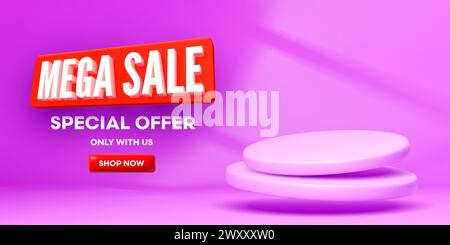 3D-Verkaufsprodukt mit violettem Verkaufspodest. Realistische Vektor-Werbeanzeigen Hintergrund mit runden schwimmenden Plattformen, Sonderangebot Mega Sale Banner mit Shop Now Button. Rabatt, Verkauf von Werbung Stock Vektor