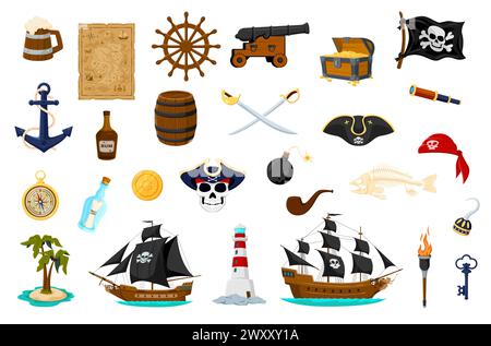 Zeichentrickfilme Seepiraten und Korsair-Gegenstände. Schatztruhe und Karte, Segelschiff und Kanone. Ruder, schwarze Flagge mit Jolly Roger und Anker, Tricorn, Flasche und Insel mit Palme. Leuchtturm, Rohr und Taschenlampe Stock Vektor