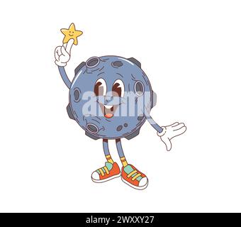 Cartoon-grooviger Weltraumplanetencharakter mit funkelndem Stern in der Hand. Isolierte Vektor-himmlische Persönlichkeit mit breitem, fröhlichem Lächeln und Kratern, strahlt psychedelische Vibes, kosmische Kühle und funkiges Auftreten aus Stock Vektor