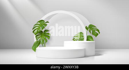 3D-Podium mit weißem Produkt und grünen Monsterablättern. Realistischer 3D-Vektor-Hintergrund mit runden Plattformen oder Podesten und Bögen für die Präsentation von Naturkosmetikprodukten im Studio, leeres Modell Stock Vektor