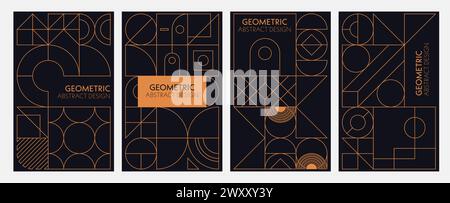 Abstrakte Poster mit geometrischen Linien. Vertikale Vektorkarten oder Deckschablonen im minimalistischen Stil, mit schwarzem Hintergrund mit orangefarbenen Umrissmustern, die Einfachheit und modernistische Ästhetik vermitteln Stock Vektor