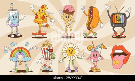 Groovige Charaktere, Limonade und Pizza, Eis- und Hotdog-Persönlichkeiten, tv und Regenbogen, Popcorn und Gänseblümchenblümchen, Cocktail und Frauenlippen. Vector funky, Retro, psychedelisch, nostalgisch y2k Set Stock Vektor