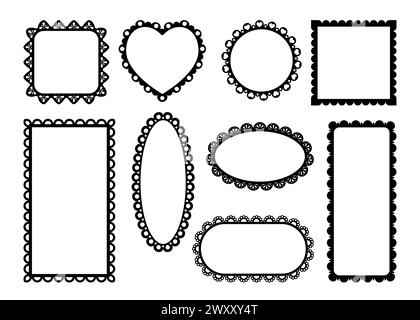 Rahmen und Rahmen aus Muschelspitze, Rüschenbänder mit Stoffverzierung. Vektor-gewellte runde, ovale, quadratische, herzförmige und rechteckige Formen mit schwarzen, eleganten Kurven rühmen sich der Vintage-Raffinesse Stock Vektor