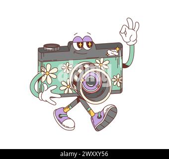 Cartoon-groovige Kamera-Figur. Isolierte Vektor-Funky, Hippie-Stil Fotokamera-Persönlichkeit mit leuchtenden Gänseblümchen und selbstbewusstem Lächeln, die eine gute Geste zeigt und verspielten Retro-Charme ausstrahlt Stock Vektor