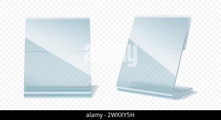 Tischständer, Kunststoff- oder Plexiglashalter für Papier, Preis, Karte oder Menü isoliertes 3D-Vektor-Modell. Transparentes Acrylzubehör zur Präsentation von Informationen bei Veranstaltungen oder im Restaurant Stock Vektor