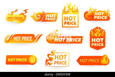 Etiketten für heiße Preise, Werbeaktionen mit Brandflammen. Isolierte Vektorabzeichen, Tags oder Symbole mit brennenden Zungen. Sonderangebot für ermäßigte Artikel, Einzelhandel oder Sonderverkauf Stock Vektor