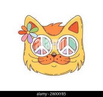 Cartoon-groovige Hippie-Katze-Figur. Isolierter Vektor-Retro-Kätzenkopf in Sonnenbrille mit Friedenssymbolen und Blume mit bunten Blütenblättern, die cool, entspannte Atmosphäre mit einem groben, funky Lächeln ausstrahlen Stock Vektor