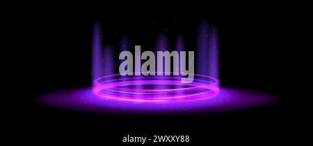 Violett leuchtendes Portal-Konzept. Neon-Hologramm-Teleport auf schwarzem Hintergrund. Circle Digital Gate mit Aura und Strahlen. Runde Podiumsvorlage für Spiel, ui, Schnittstelle. Vektor-Halo-Illustration Stock Vektor