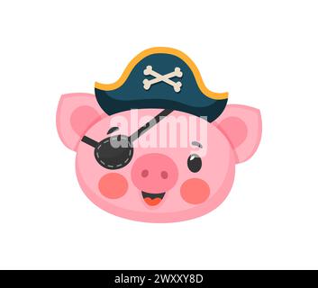 Zeichentrickfilm-Schweinefleisch-Tier-Pirat oder Korsair-Kapitän und Skipper, Vektor-lustige Charakter. Karibisches Piratenschwein oder Ferkeltier Bootswain Happy Face in Korsair Tricorne Hut mit gekreuzten Knochen und Augenklappe Stock Vektor