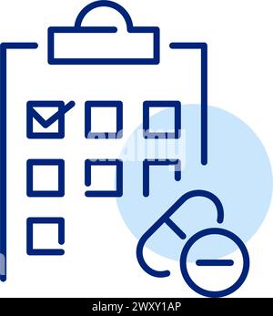 Kalender mit Häkchen in der Zwischenablage. Strukturierte Behandlungspläne und Medikamentenpläne. Tablette und Kapsel. Symbol Stock Vektor