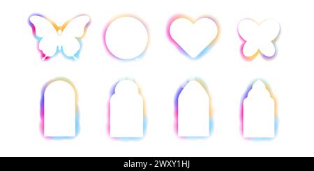Y2K-Rahmen abstrakter Bogen, Spektrum Schmetterling Glow Aura Unschärfe Formen, Grenzen, Regenbogenspektrum Glanz Farbe isoliert auf weißem Hintergrund. . Vektorabbildung Stock Vektor
