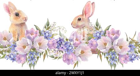 Aquarellbordure mit kleinen pfirsichfarbenen Kaninchen sitzt in den Frühlingsblumen. Osterhase. Vorlage für Entwürfe, Karte, Tapeten Stockfoto