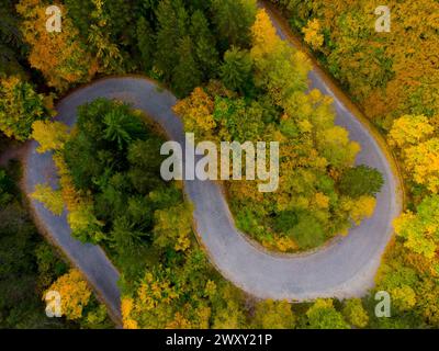 Kurven auf einer Bergstraße durch eine wunderschöne Herbstlandschaft. Stockfoto