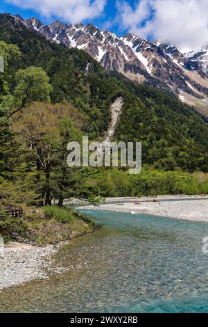 Schnell fließender, klarer Fluss, der durch einen Wald und Berge fließt Stockfoto