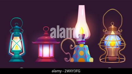 Alte Öl- und Gaslampe mit Flamme. Zeichentrickvektor-Illustration Satz glühender Vintage Kerosin-Laterne. Antike klassische Benzinlampe mit Griff. Tragbare Retro-Lampe für Bergwerke oder Lager mit Feuer. Stock Vektor