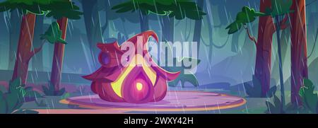 Regen im Zauberwald und im Cartoon-Design des Hausspiels. Regnerisches Wetter im Frühling und grüne Pflanzenlandschaft. Dschungel-Umgebung mit Fantasy-Kürbis-Elf-Zuhause. Tropisches Märchenabenteuer im Freien Stock Vektor