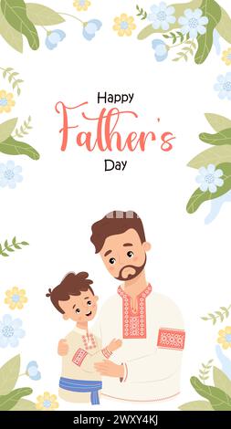 Happy Vatertag-Poster. Ukrainischer Mann Vater mit Sohn in traditioneller bestickter Kleidung vyshyvanka auf weißem Hintergrund mit gelben blauen Blumen Stock Vektor