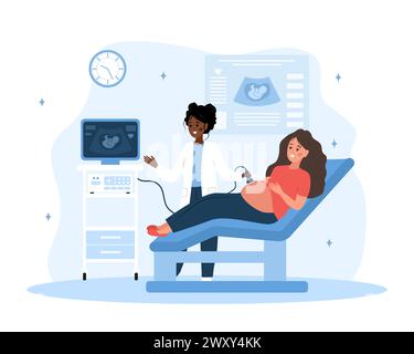 Ultraschall-Schwangerschafts-Screening-Konzept. Weibliche Ärztin, die eine Fetusuntersuchung bei der zukünftigen Mutter durchführt. Mädchen mit Bauch, der im Monitor schaut. Embryogesundheit Stock Vektor