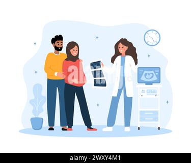 Ultraschall-Schwangerschafts-Screening-Konzept. Die Ärztin gibt Ergebnisse der Ultraschalluntersuchung. Arabische Familie erwartet auf Baby. Zukünftige Eltern in Stock Vektor