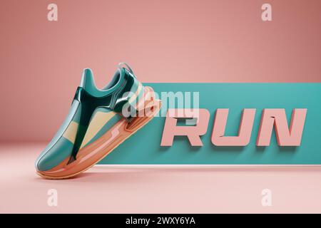 3D-Illustration von farbenfrohen neuen Sport-Sneakern auf einer riesigen, bunten Schaumstoffsohle, Sneakers mit dem Satz Run. Modische Sneakers. Stockfoto